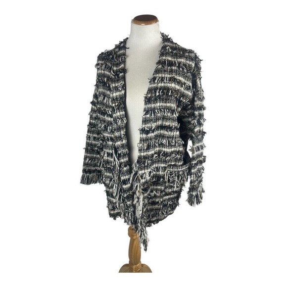 Zara Tweed Open Front Fringe Navy Blazer Jacket‎ S Oversized - Picture 1 of 6
